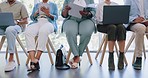 Hiring, recruitment and job interview waiting room with business people preparing for hr meeting. Queue, we are hiring or group sitting together at startup company for employment, job or opportunity