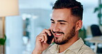 Phone call, communication or strategy with a business man talking and working in his office. Mobile, contact and planning with a young male employee chatting while sitting alone in his workplace