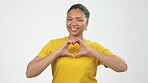 Heart hands, happy and love with face of black woman for support, positive gesture and emoji. Thank you, confident and kindness with girl for emotion, satisfaction and care in studio background