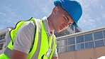 Rooftop, engineering or technician man check for maintenance, inspection or repair in urban development.  electrician person, handyman or contractor for electricity, power or building problem solving