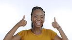 Thumbs up, yes and happy with portrait of black woman for approval, promotion and well done. Satisfaction, smile and success with girl and positive hand gesture for good news, decision and agreement