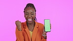 Winning, phone green screen and woman mockup, chromakey and product placement isolated on purple background. Face of young winner black person, cellphone or mobile app in studio advertising mock up