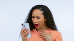 Black woman, surprise face and smartphone with shocked reaction to online news, meme or social media. Technology, communication and announcement with wow expression isolated on studio background