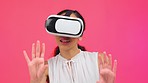 Black woman, studio background and vr glasses for future 3D gaming ux with hands, smile and software. Young gen z model, gamer girl and augmented reality tech for futuristic ui, iot or metaverse game