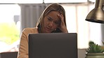 Headache, stress and business woman on a laptop in home office, fail and mistake on blurred background. Internet, 404 and glitch for freelance lady entrepreneur suffering anxiety for startup failure