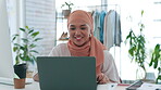 Fashion designer or happy woman on laptop ecommerce sales, muslim business startup or online retail management. Young islamic or hijab person, entrepreneur or seller on computer for clothes logistics