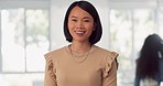 Asian woman, portrait and business person with a happy smile at busy office as corporate leader. Female entrepreneur as startup company manager during Christmas holiday for growth and development