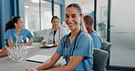 Woman, face or nurse in hospital meeting for medical planning, life insurance medicine or treatment training. Smile, happy or healthcare worker portrait in teamwork, collaboration or clinic diversity