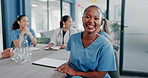 Black woman, face or nurse in hospital meeting for medical planning, life insurance medicine or treatment training. Smile, happy and healthcare worker portrait in teamwork, collaboration or diversity