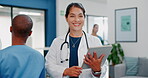 Happy woman or doctor face in busy hospital with tablet for healthcare services, leadership and career mindset. Portrait of medical professional or female on telehealth app for clinic job management