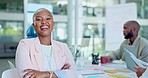 Leadership, portrait or black woman face for team building meeting for documents, planning schedule or review success. Happy, employee or manager with team for marketing company data analysis growth