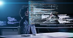 Woman, programming and coding hologram at night on computer dashboard for software application at office. Female programmer working late on virtual code app, UI or UX in cybersecurity at workplace