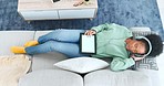 Woman, tablet and mockup screen relaxing on living room sofa with zoom out of planet earth in global networking at home. Female listening to music lying on couch with copy space touchscreen display