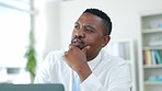 Black man, office and laptop with thinking, idea and company vision for proposal, strategy and focus. Corporate executive, ceo and entrepreneur for reading, computer or planning project with analysis