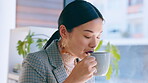 Asian woman, coffee and thinking at window of business building with ideas, motivation and inspiration. Face of entrepreneur person drinking tea to think and plan future, goals and vision for company