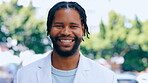 Face, business smile and black man in city with pride for career or job outdoors on street. Ceo, boss and portrait of happy, confident and proud male entrepreneur from Nigeria laughing for success.