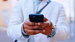 Phone, hands and typing in city for social media, texting or web scrolling outdoors in street. Technology, cellphone and black man using 5g mobile smartphone for internet browsing and networking.