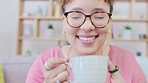 Black woman, sofa and relax with smell, coffee and thinking with smile, memory and vision for life. Young african girl, tea aroma and happy on lounge couch for mindfulness, idea or self care in house