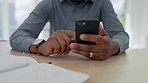 Smartphone, typing and hands of black man in office, desk and reading internet news app notification. Closeup business worker, mobile and social media on technology, networking and contact connection