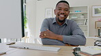 Business, black man and face smile at table, office and pride in Nigeria startup company. Portrait of happy manager at desk with corporate leadership, happiness and worker motivation for management