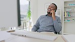 Phone call, business and black man laughing in office for discussion, mobile negotiation and clients connection. Happy male worker, communication and smartphone for contact, consulting and networking