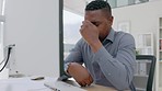 Eye pain, headache and black man with glasses on computer mistake, technology glitch and corporate crisis. Tired businessman, burnout and mental health anxiety on desktop, sick problem and tax stress