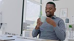 Happy black man drinking coffee at office desk, computer and technology in company. Manager, desktop and cup of tea for productivity, energy and smile for online business management in startup agency