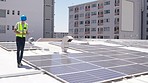 Solar panels, contractor with checklist and inspection, renewable energy, sustainability and man with clipboard on roof. Electricity, power from sun and engineer with environment and maintenance