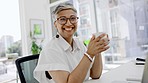 Face, business woman and drinking coffee in office, startup company and smile at desk to enjoy lunch break. Portrait of happy manager with cup of tea for motivation, energy and working with happiness