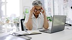 Stress, headache and business woman at office desk with anxiety, mental health and problem. Frustrated, burnout and tired female working at table with fatigue, debt risk and depression of job failure