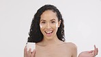 Black woman, face and beauty with cream for skin, skincare and portrait, smile on studio background. Cosmetic care, wellness and lotion, sunscreen and apply moisturizer, hands and cosmetics product