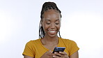 Black woman, phone and typing on studio background, laughing at meme and social media post on technology. Happy female model, smartphone and smile on mobile app, networking contact and funny website