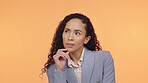 Serious black woman thinking isolated on studio background for career decision, job choice or ideas. Contemplating, inspiration and person, model or professional thoughtful, idea or confused mockup