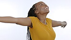 Freedom, joy and a black woman stretching her arms in studio isolated on a white background feeling carefree. Happy, smile and peace with an attractive young female looking calm and stress free