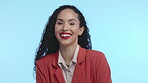 Business woman, face and portrait in studio with beauty, makeup and a smile on a blue background. Face of a happy model person with red lipstick for strong, empowerment or fashion while laughing