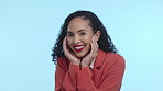 Face, beauty and smile of business woman in studio isolated on a blue background. Makeup portrait, cosmetics or happy female model laughing with facial treatment for glowing and healthy skincare.