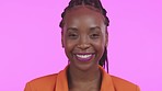 Happy, excited and portrait of a black woman with self love isolated on a pink background in a studio. Smile, makeup and face of a beautiful African girl laughing, smiling and showing happiness