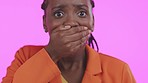 Wow, scared and portrait of a black woman with bad news isolated on a pink background. Scary, shock and face of an African girl covering her mouth in surprise, worry and reaction on a backdrop