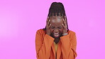 Stress, burnout and emotional with a black woman screaming in studio on a pink background. Mental health, psychology and bipolar with a young female shouting in anger, frustration or from trauma