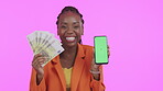 Money, phone and woman with green screen mockup, chromakey and product placement isolated on purple background. Face of winner black person with cash and cellphone for bonus or wealth in studio