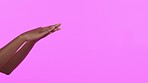 Mockup, money gesture and hands in studio for wealth, bonus and financial success on purple background. Celebration, lottery winner and isolated hand of woman for profit, investment and spending cash