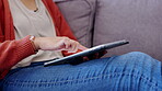 Tablet closeup, woman hands and couch for online social media, software or creative learning application. Relax student or person on sofa with digital technology for website scroll, research or games