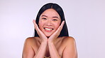 Skincare, face and beauty smile of Asian woman in studio isolated on a purple background. Portrait, makeup cosmetics and happy female model laughing with spa facial treatment for healthy skin glow.