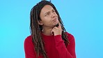 Ideas, thinking and young man isolated on blue background scholarship, creative choice or university decision. Contemplating, inspiration of rasta person or student thoughtful, idea emoji and studio