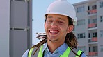 Portrait, engineering or funny architect in city with smile on construction site planning real estate building. Contractor, laughing or happy black man working on renovation in project management 