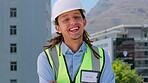 Portrait, engineering or happy architect in city with smile on construction site planning real estate building. Contractor, laughing or black man working on renovation business in project management