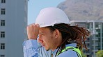 Helmet, engineering safety or architect in city with in construction site planning industrial building. Contractor ready, protection or black man starting a renovation business in project management