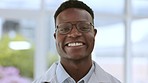 Doctor smile, black man face and proud in a medical, healthcare and wellness hospital. Portrait, happiness and health worker employee from Nigeria ready for clinic development with blurred background