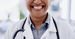 Doctor, smile and teeth laughing in dental care for medical results or healthcare at hospital. Cropped woman face of surgeon smiling in happiness for tooth whitening, oral mouth or gum treatment