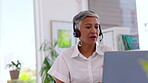 Mature business woman, laptop or call center headset in CRM office, customer support company or b2b sales telemarketing. Smile, happy or talking receptionist on technology for lead generation service